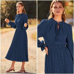 NWOT G&Y Navy Blue Swiss Dot V Long Sleeve Pleated Prairie Boho Maxi Dress XL